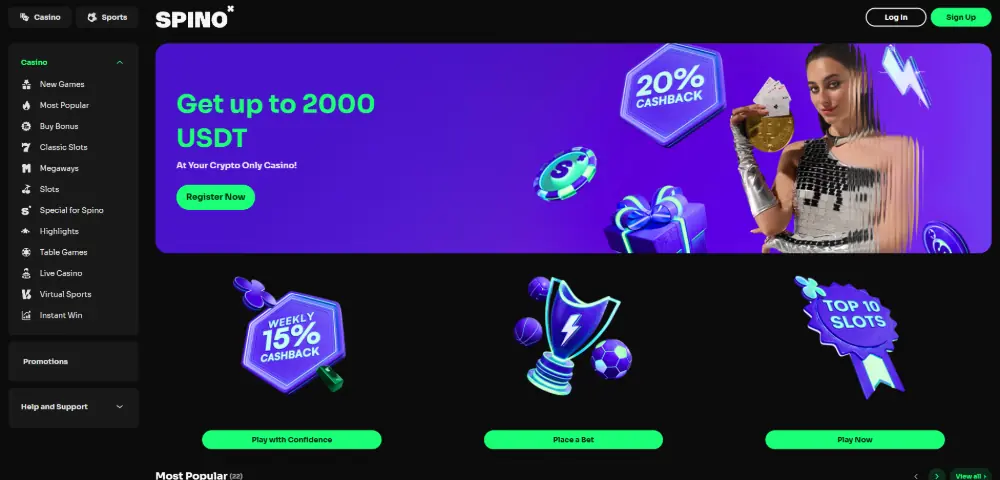 Spino Casino homepage screenshot