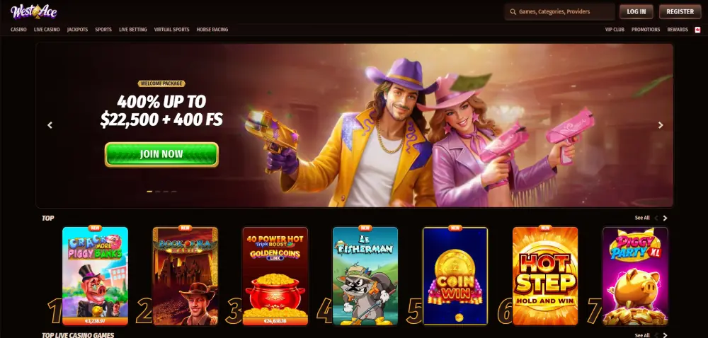 WestAce Casino homepage screenshot